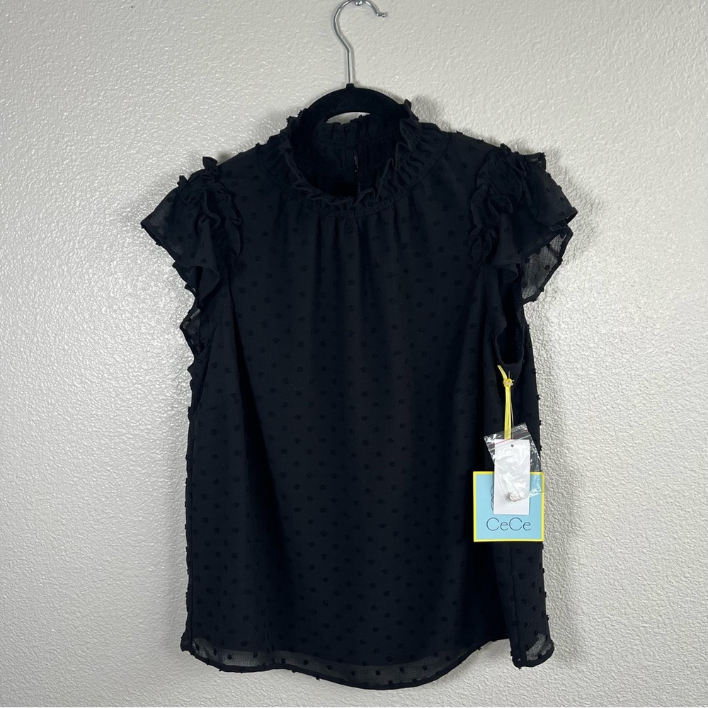 NWT CeCe Black Swiss Dot Mock Neck Flutter Sleeve Blouse Women’s Medium - Picture 2 of 7